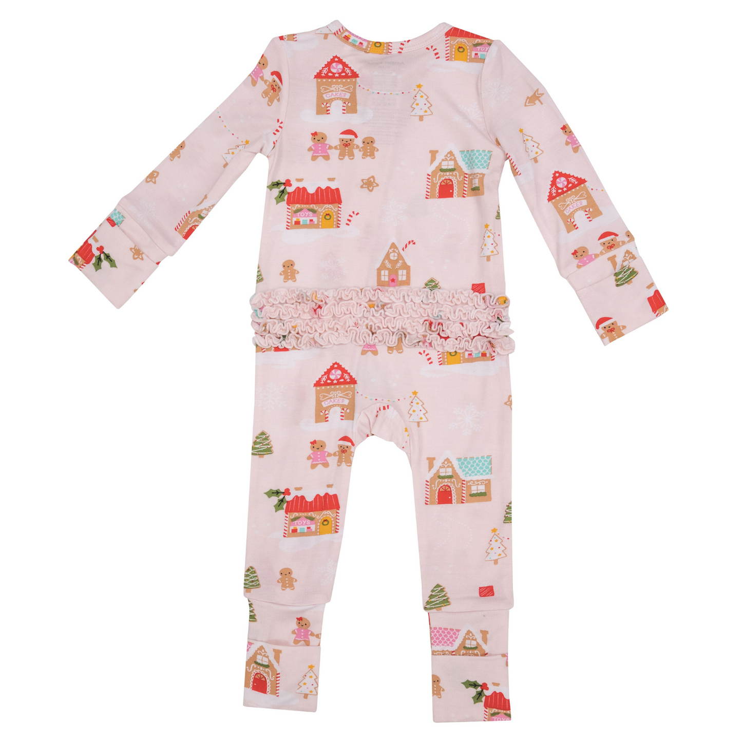 2-Way Ruffle Back Zip Romper, Gingerbread Village Pink