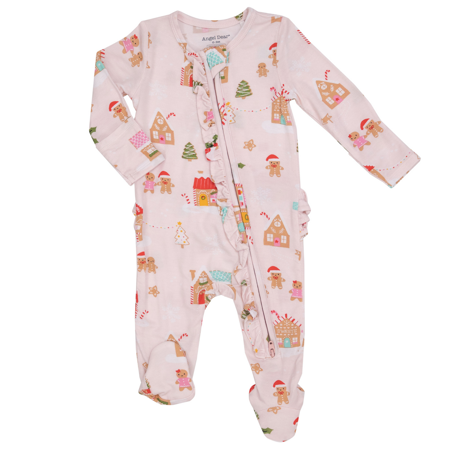 2-Way Ruffle Zip Footie, Gingerbread Village Pink