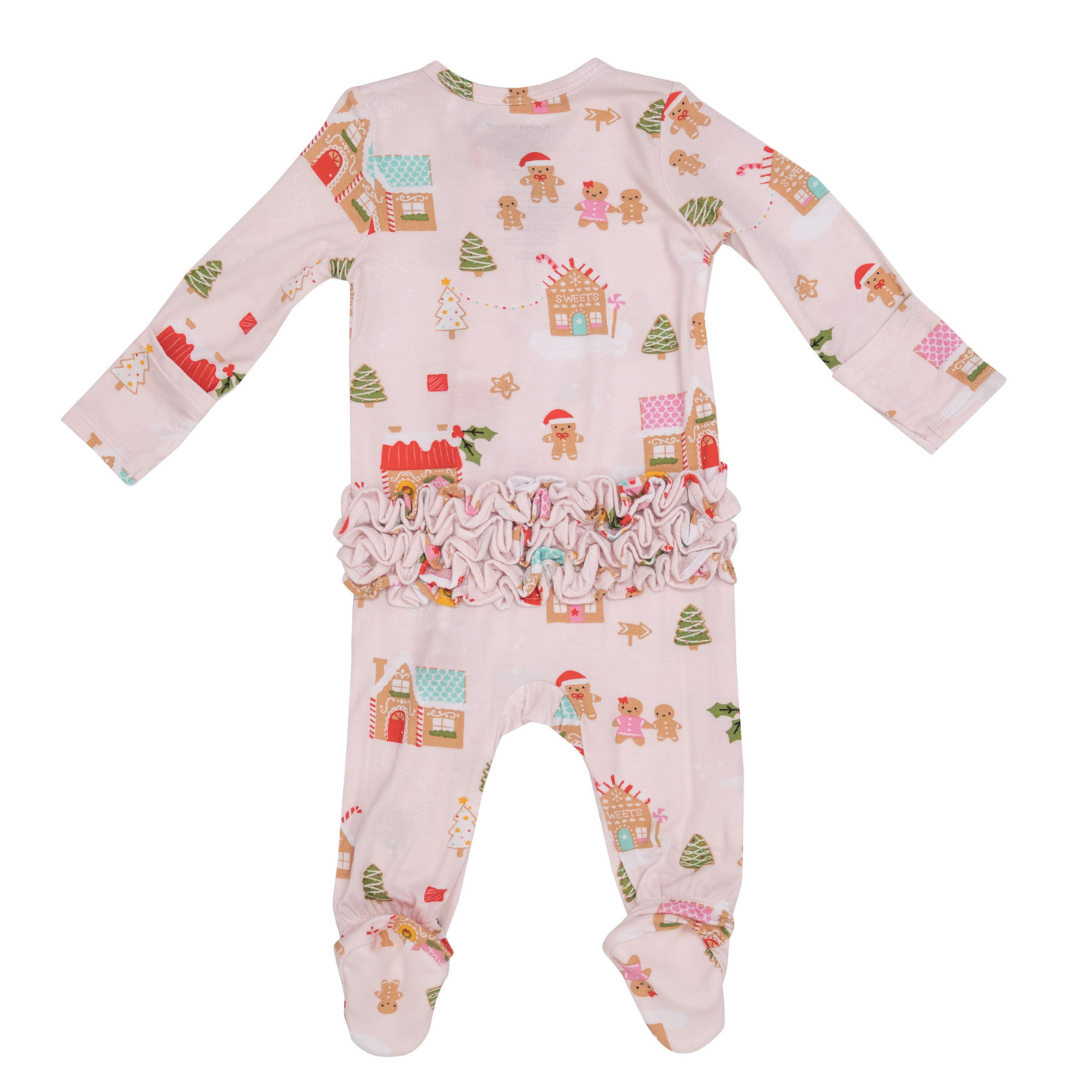 2-Way Ruffle Zip Footie, Gingerbread Village Pink