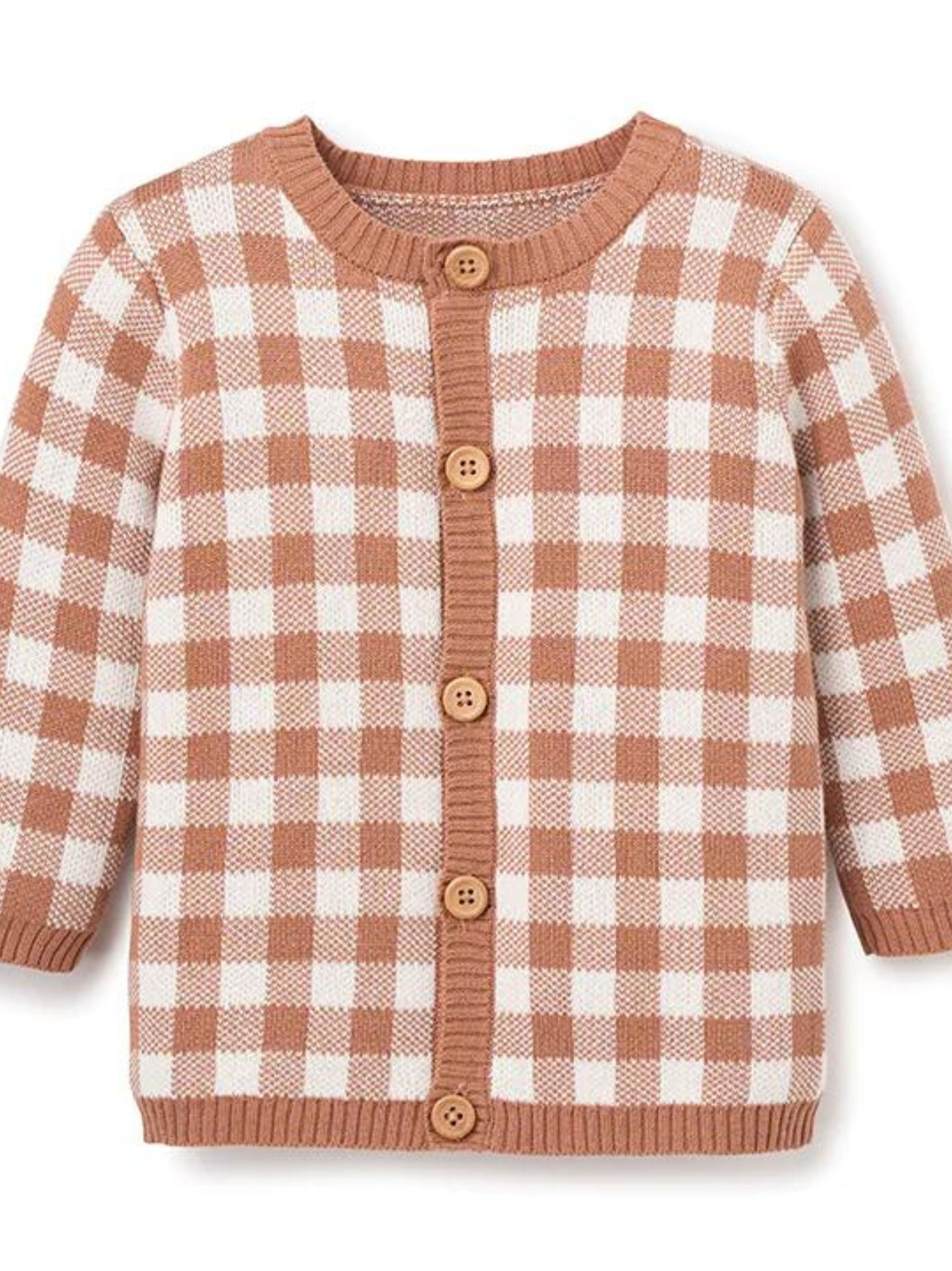 Brown and white checkered cardigan with a round neckline and wooden buttons, suitable for children.