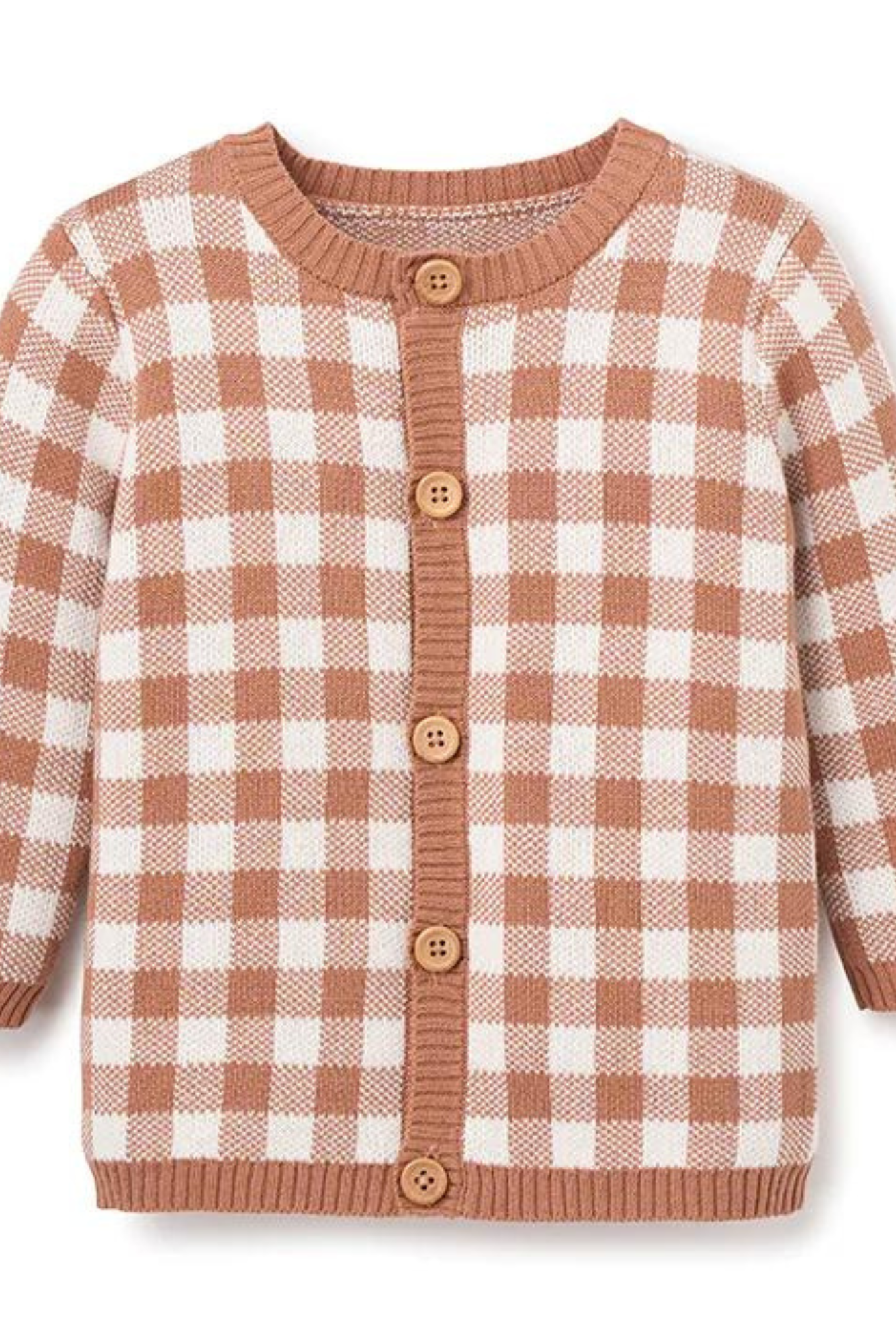 Brown and white checkered cardigan with a round neckline and wooden buttons, suitable for children.