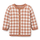 Brown and white checkered cardigan with a round neckline and wooden buttons, suitable for children.