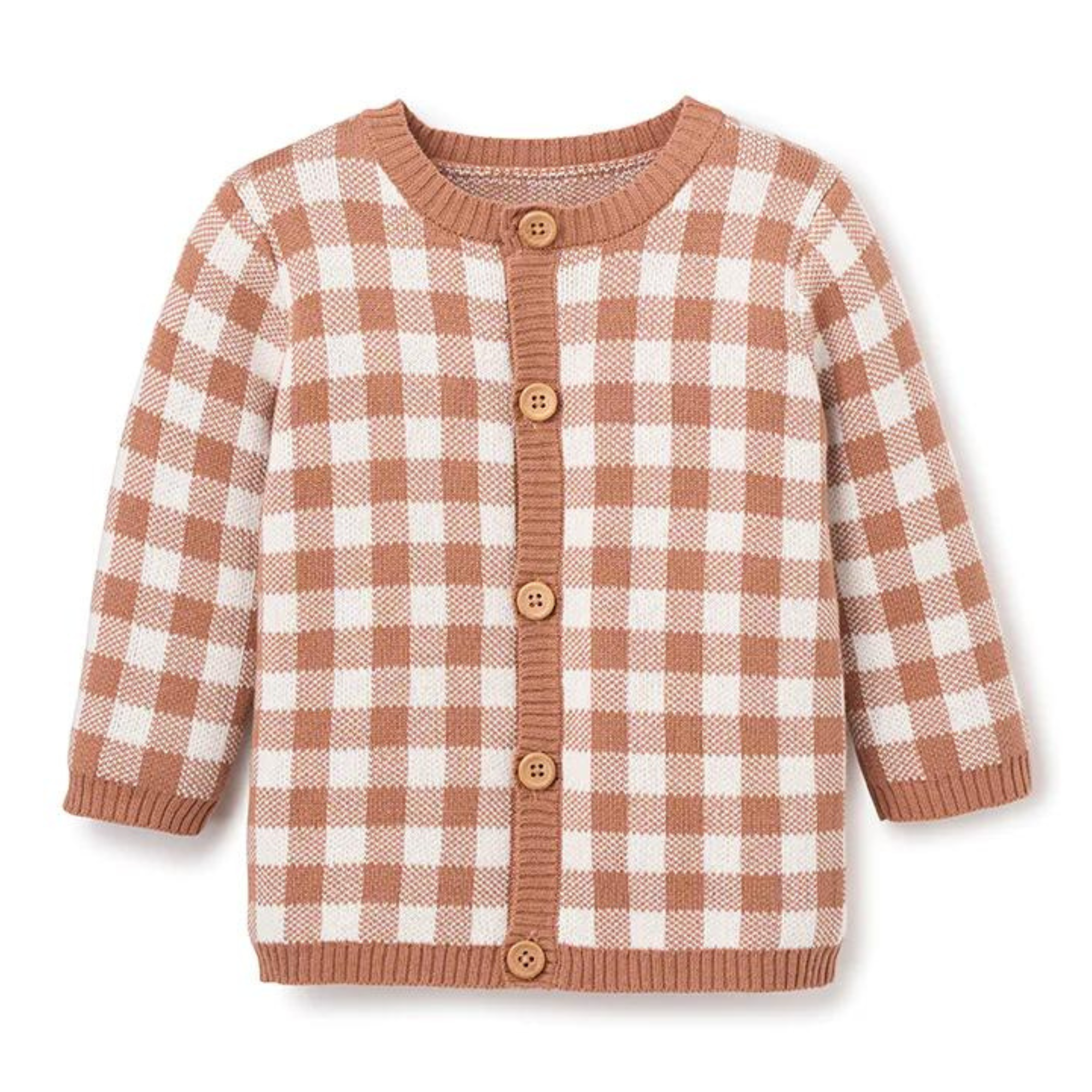 Brown and white checkered cardigan with a round neckline and wooden buttons, suitable for children.