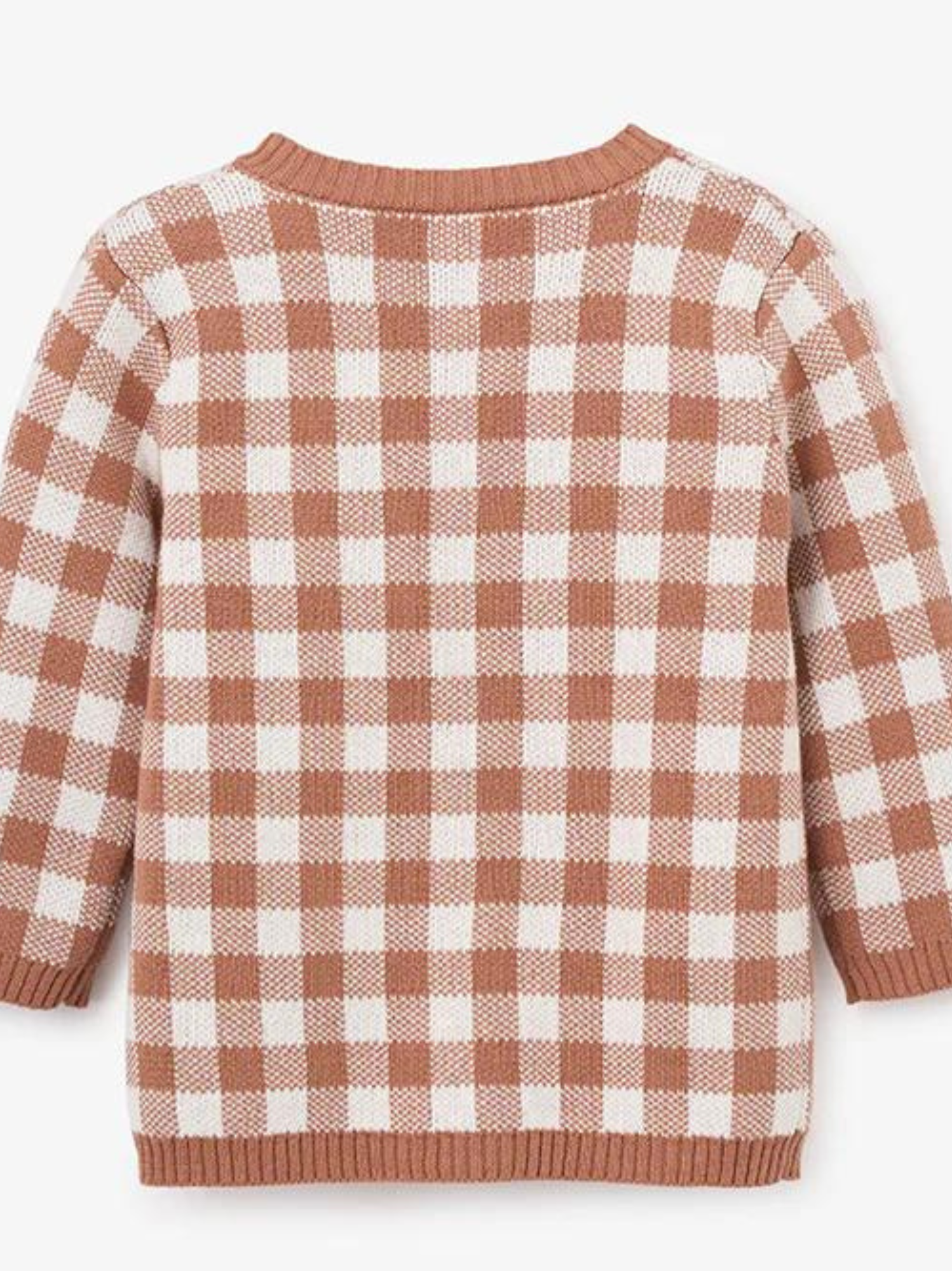 Brown and white checkered sweater, back view, featuring long sleeves and a round neckline.