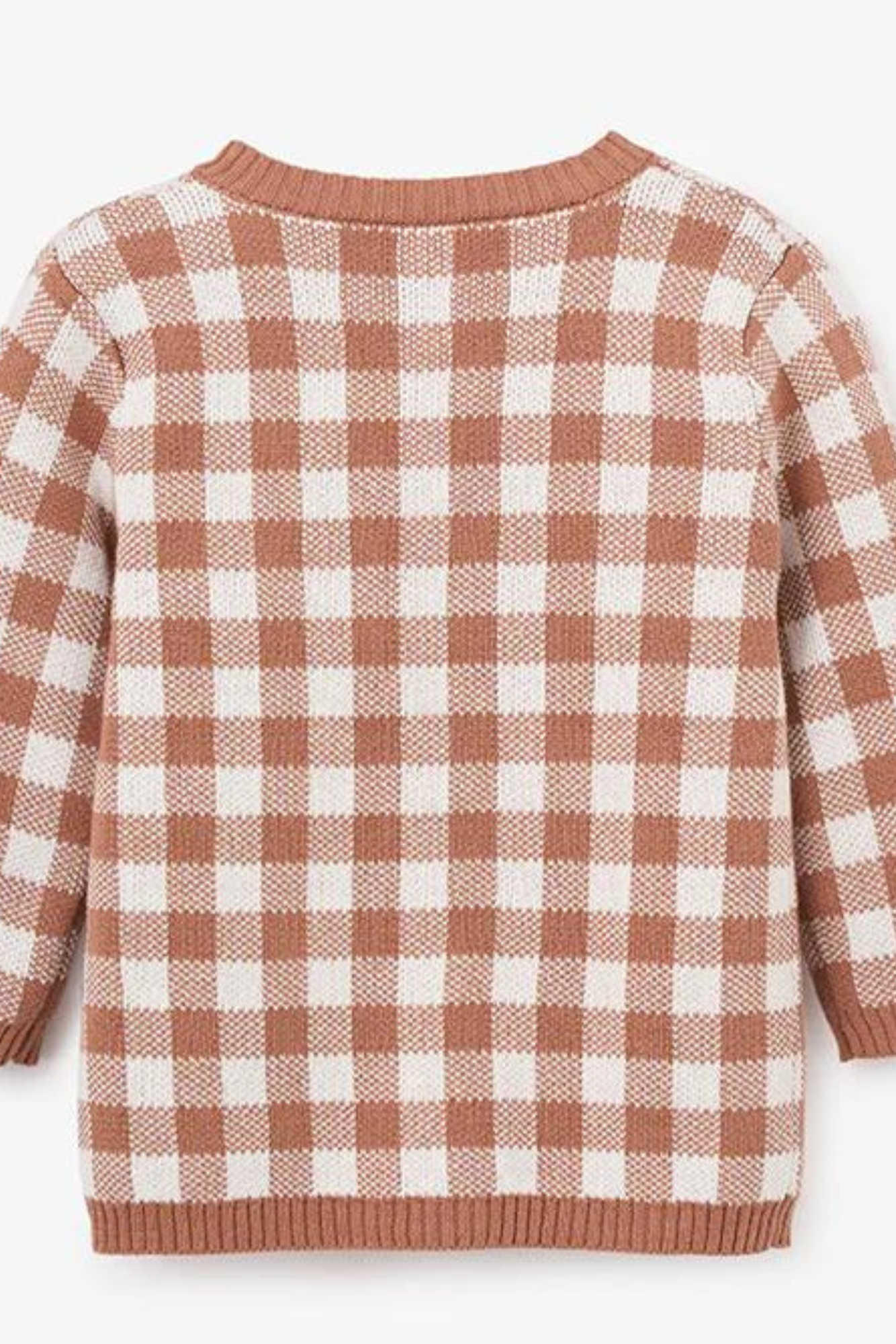 Brown and white checkered sweater, back view, featuring long sleeves and a round neckline.