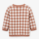 Brown and white checkered sweater, back view, featuring long sleeves and a round neckline.
