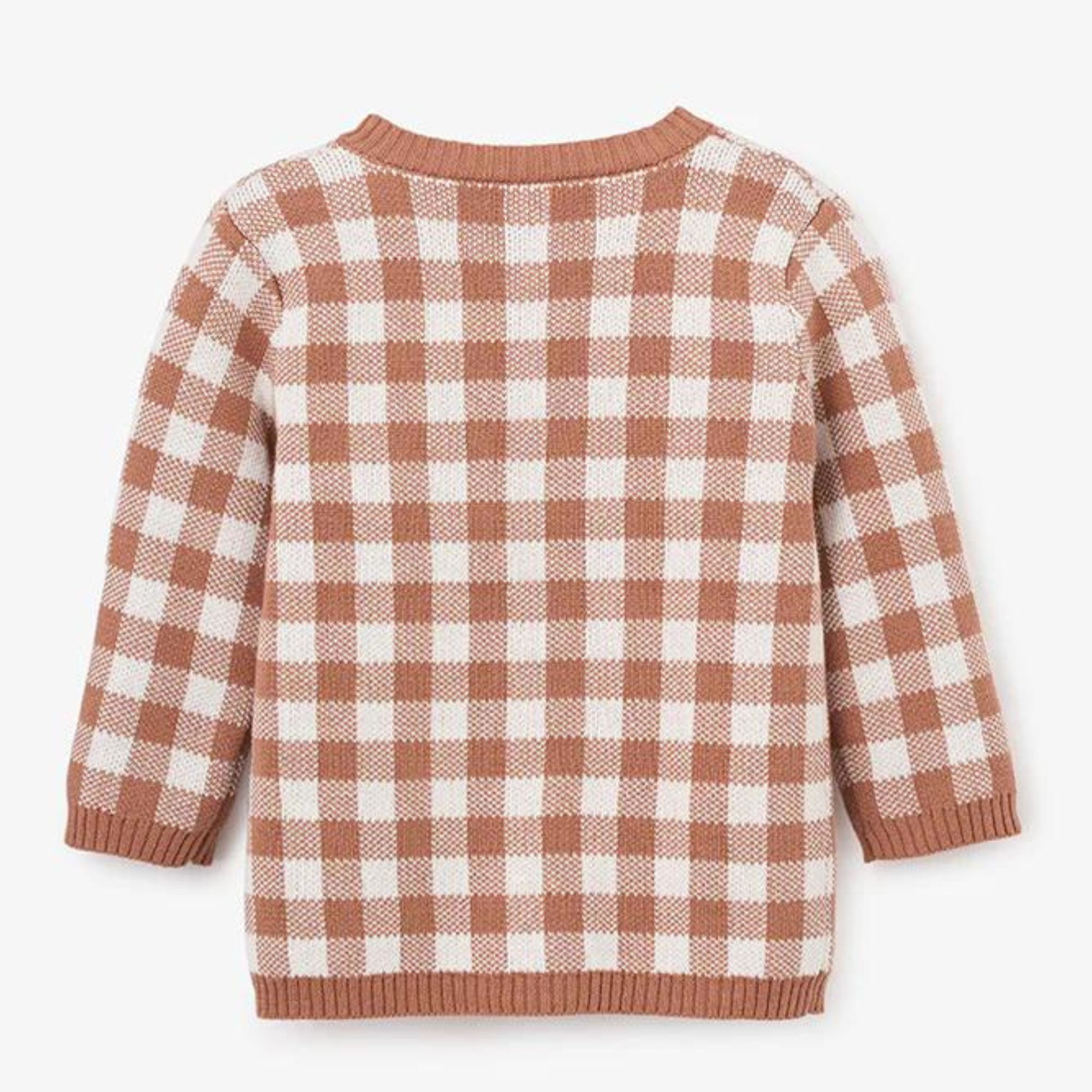 Brown and white checkered sweater, back view, featuring long sleeves and a round neckline.