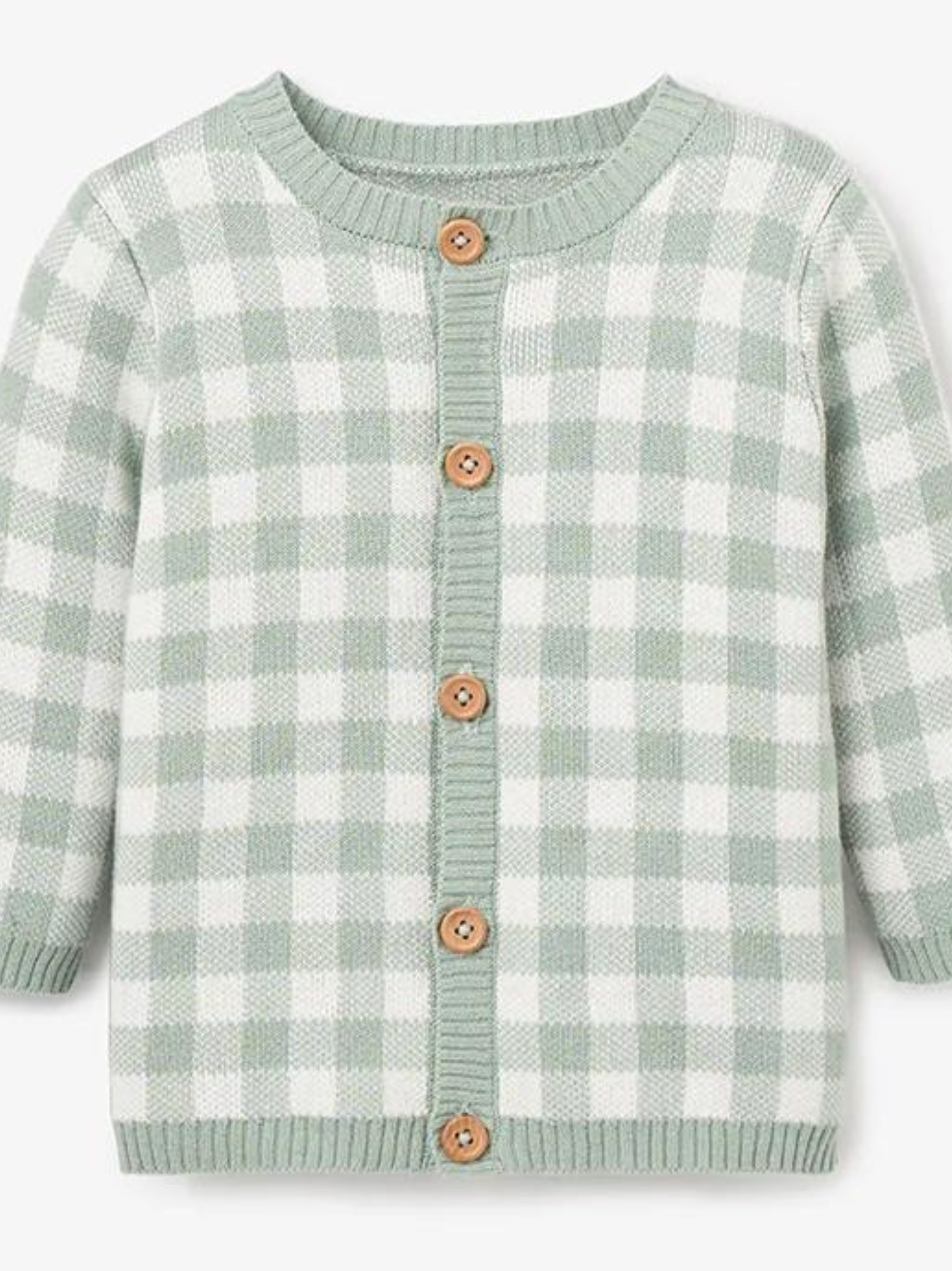 Light green and white checkered cardigan with wooden buttons and round neckline. Ideal for casual wear.