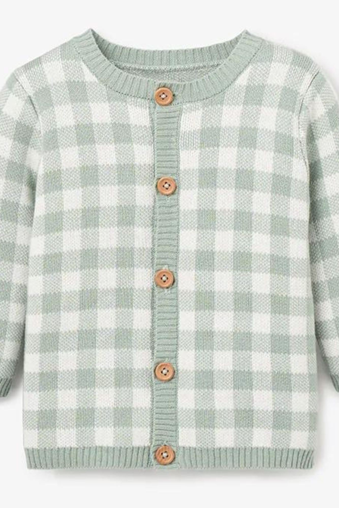 Light green and white checkered cardigan with wooden buttons and round neckline. Ideal for casual wear.