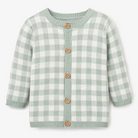 Light green and white checkered cardigan with wooden buttons and round neckline. Ideal for casual wear.