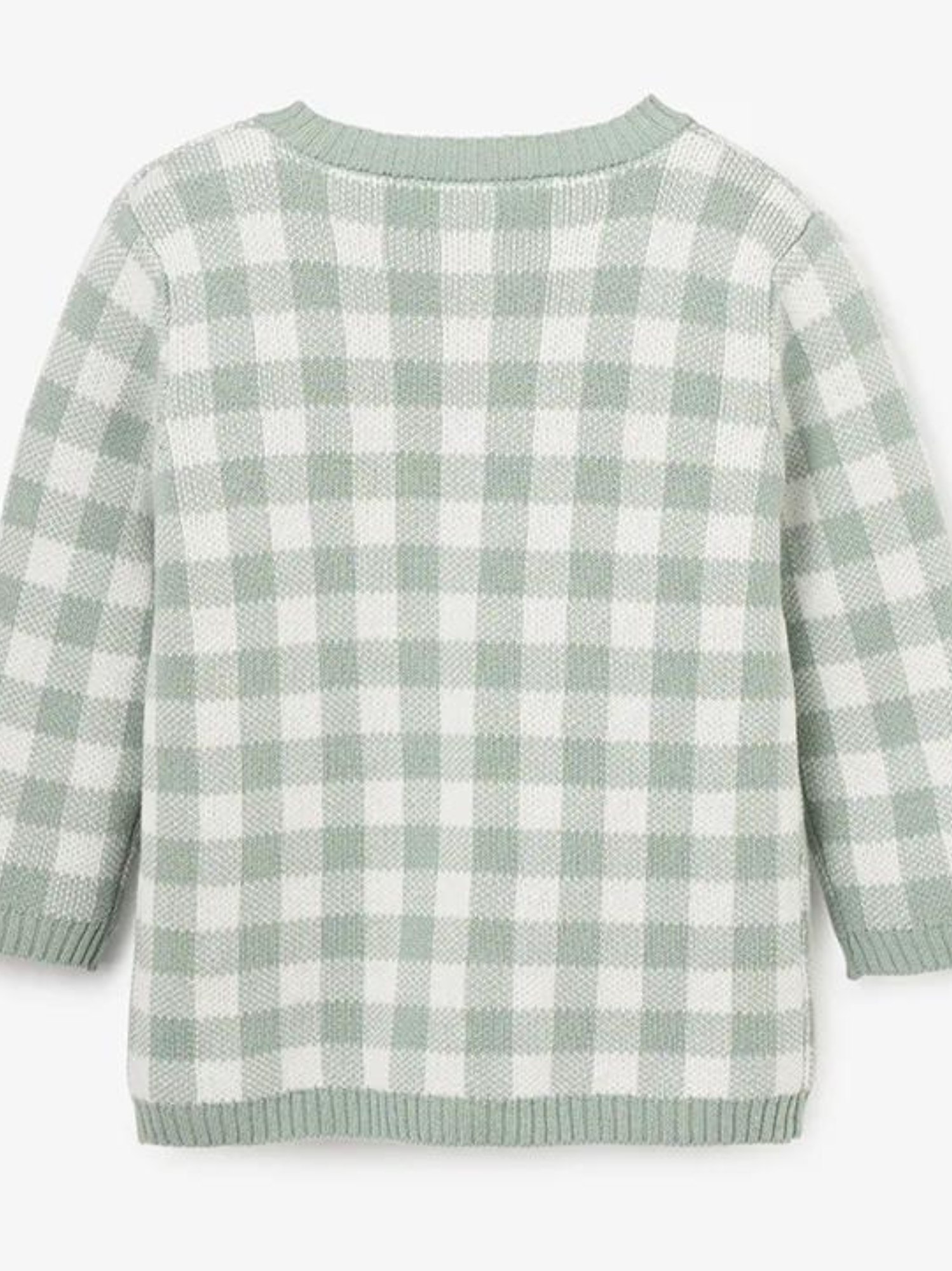 Light green and white checkered sweater, viewed from the back, featuring long sleeves and a rounded neckline.