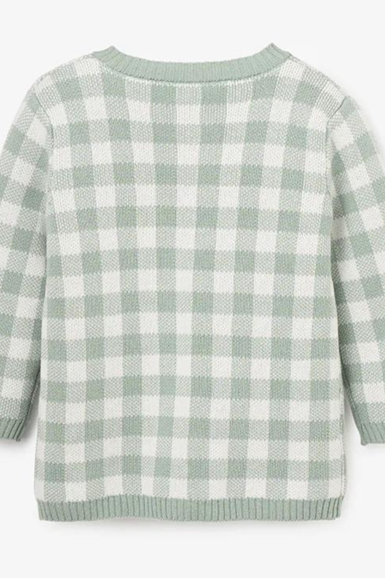 Light green and white checkered sweater, viewed from the back, featuring long sleeves and a rounded neckline.
