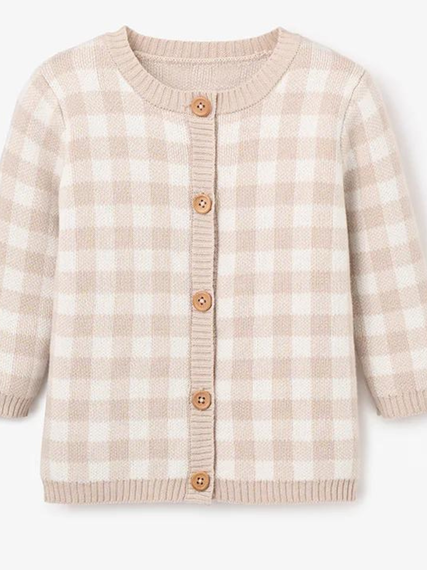 Beige and white gingham cardigan with wooden buttons and a round neckline, featuring long sleeves.