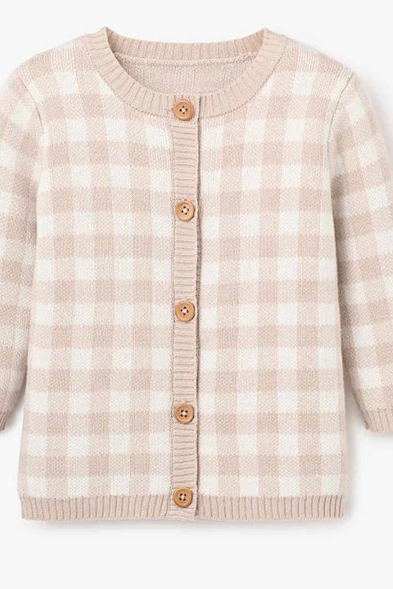 Beige and white gingham cardigan with wooden buttons and a round neckline, featuring long sleeves.