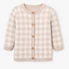 Beige and white gingham cardigan with wooden buttons and a round neckline, featuring long sleeves.