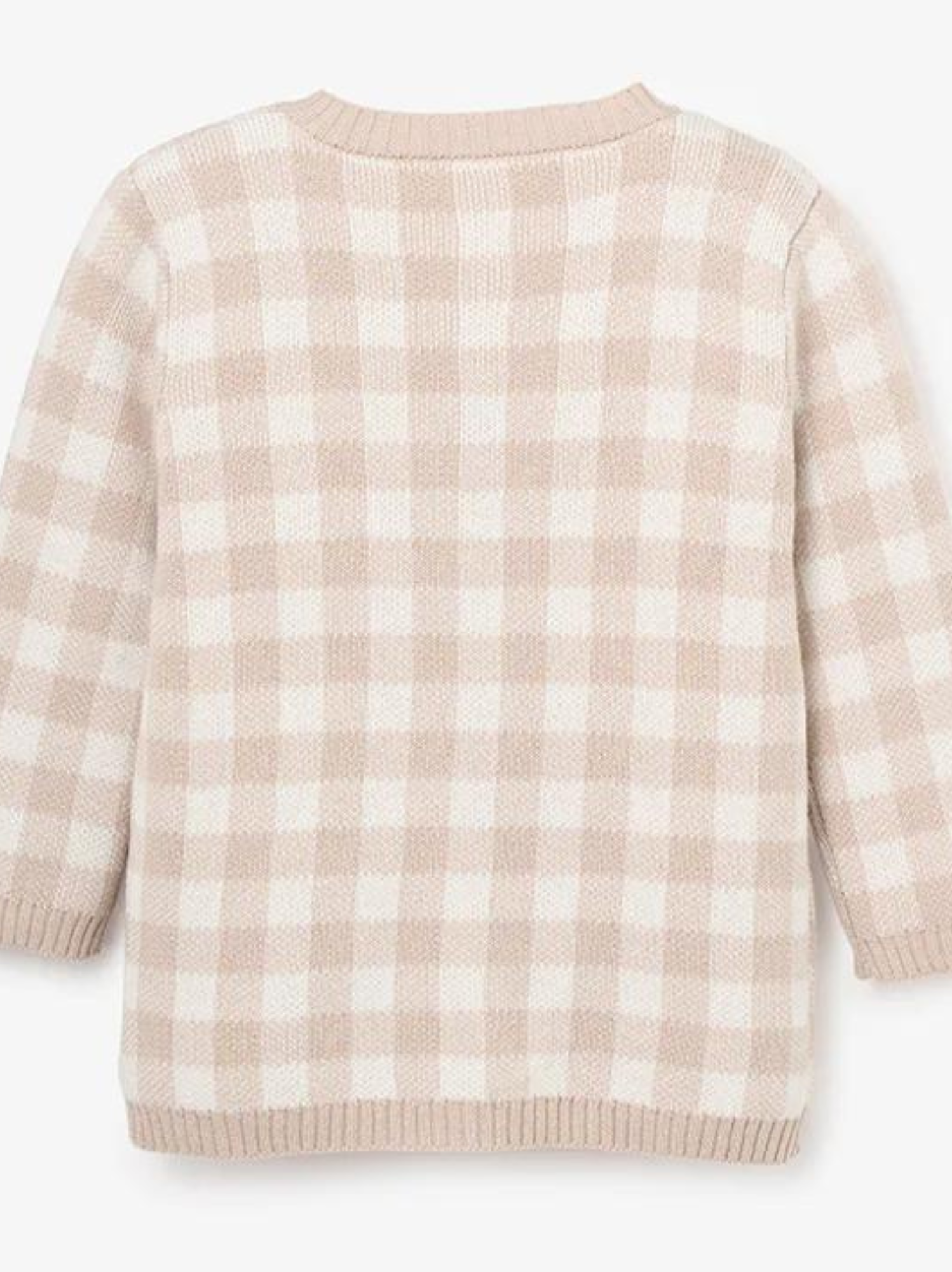 Beige and white checked sweater, featuring a relaxed fit and long sleeves, shown from the back.