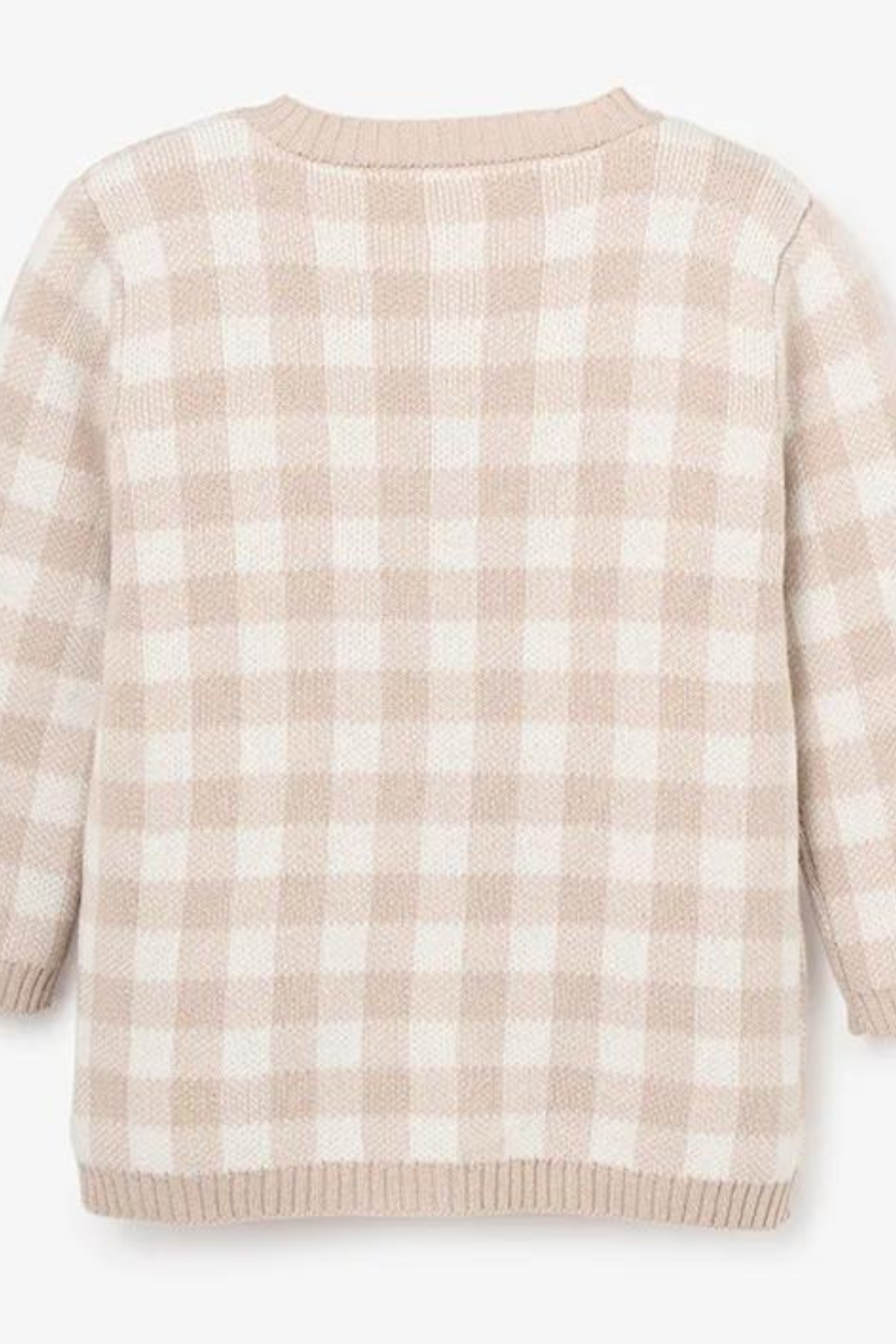 Beige and white checked sweater, featuring a relaxed fit and long sleeves, shown from the back.