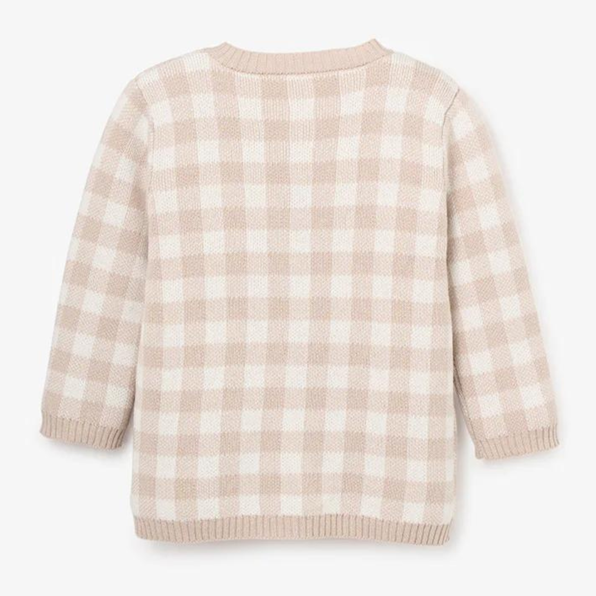 Beige and white checked sweater, featuring a relaxed fit and long sleeves, shown from the back.