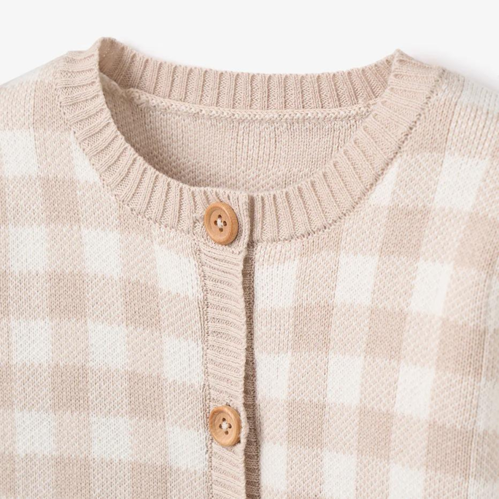 Beige and white checkered cardigan with wooden buttons and ribbed collar detail.