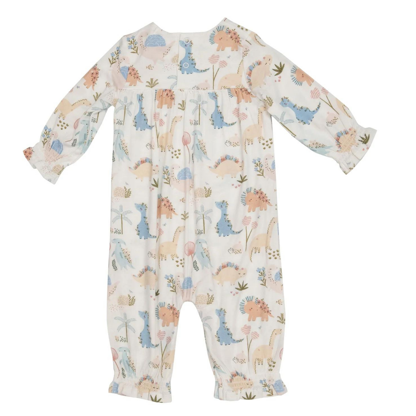 Smocked Romper, Soft Dinos Pink