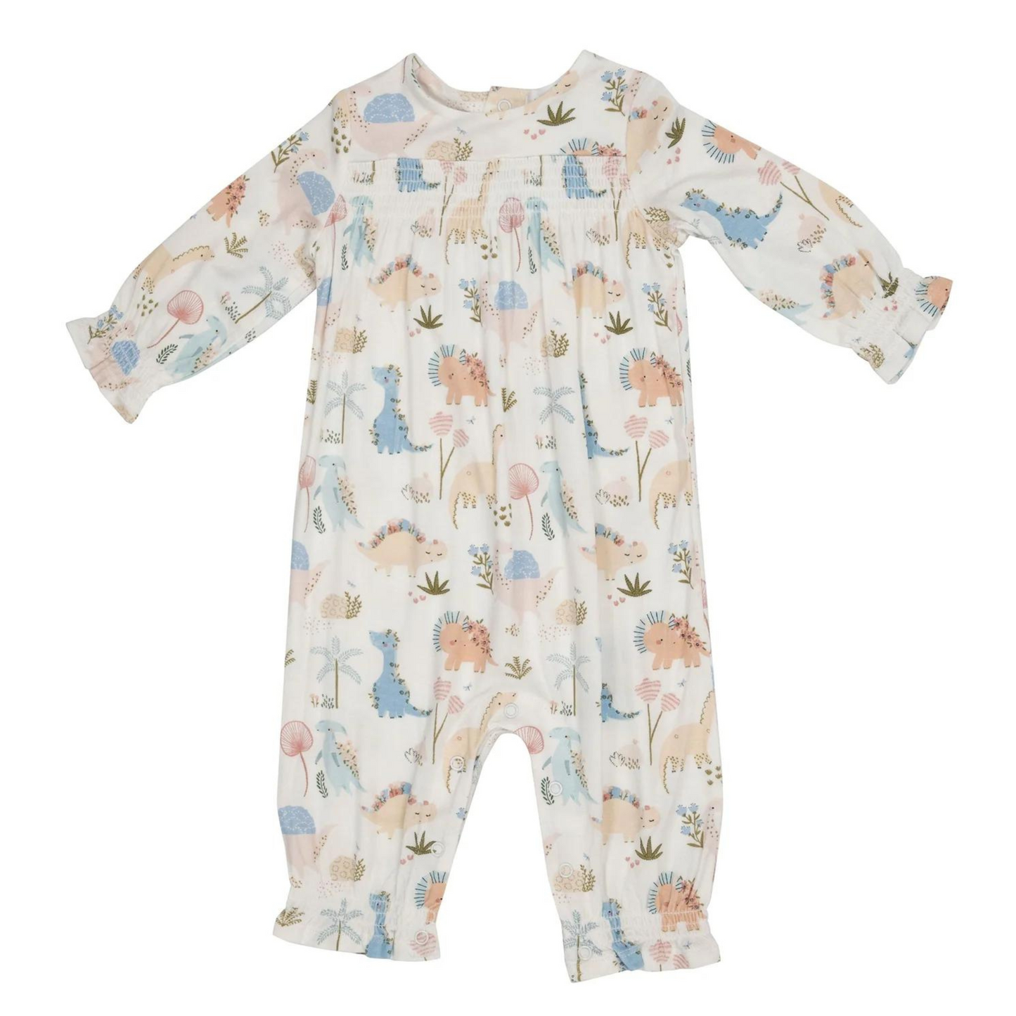 Smocked Romper, Soft Dinos Pink