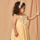 Toddler girl in a yellow dress with lace, reaching for a flower against a soft, neutral background.