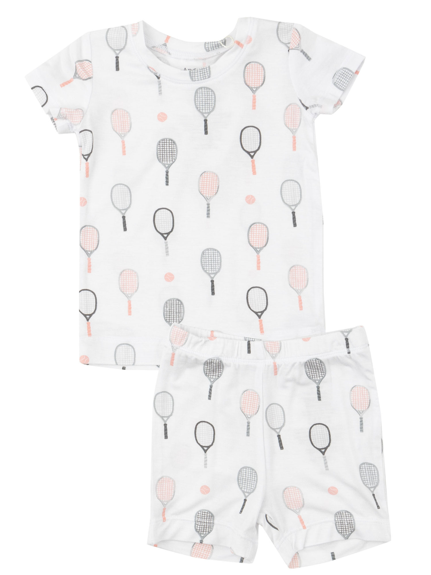 White kids' pajama set featuring tennis racket and ball print, includes a short-sleeve shirt and shorts.