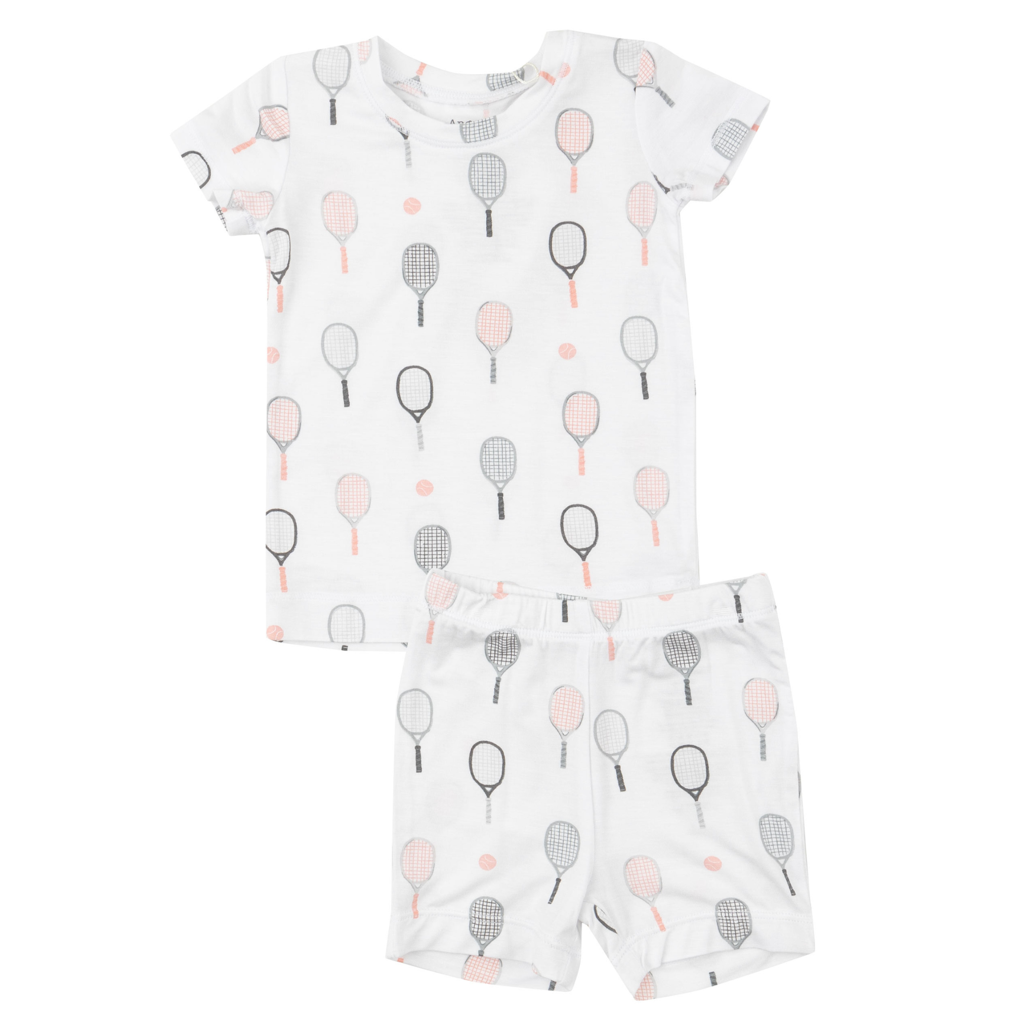 White kids' pajama set featuring tennis racket and ball print, includes a short-sleeve shirt and shorts.