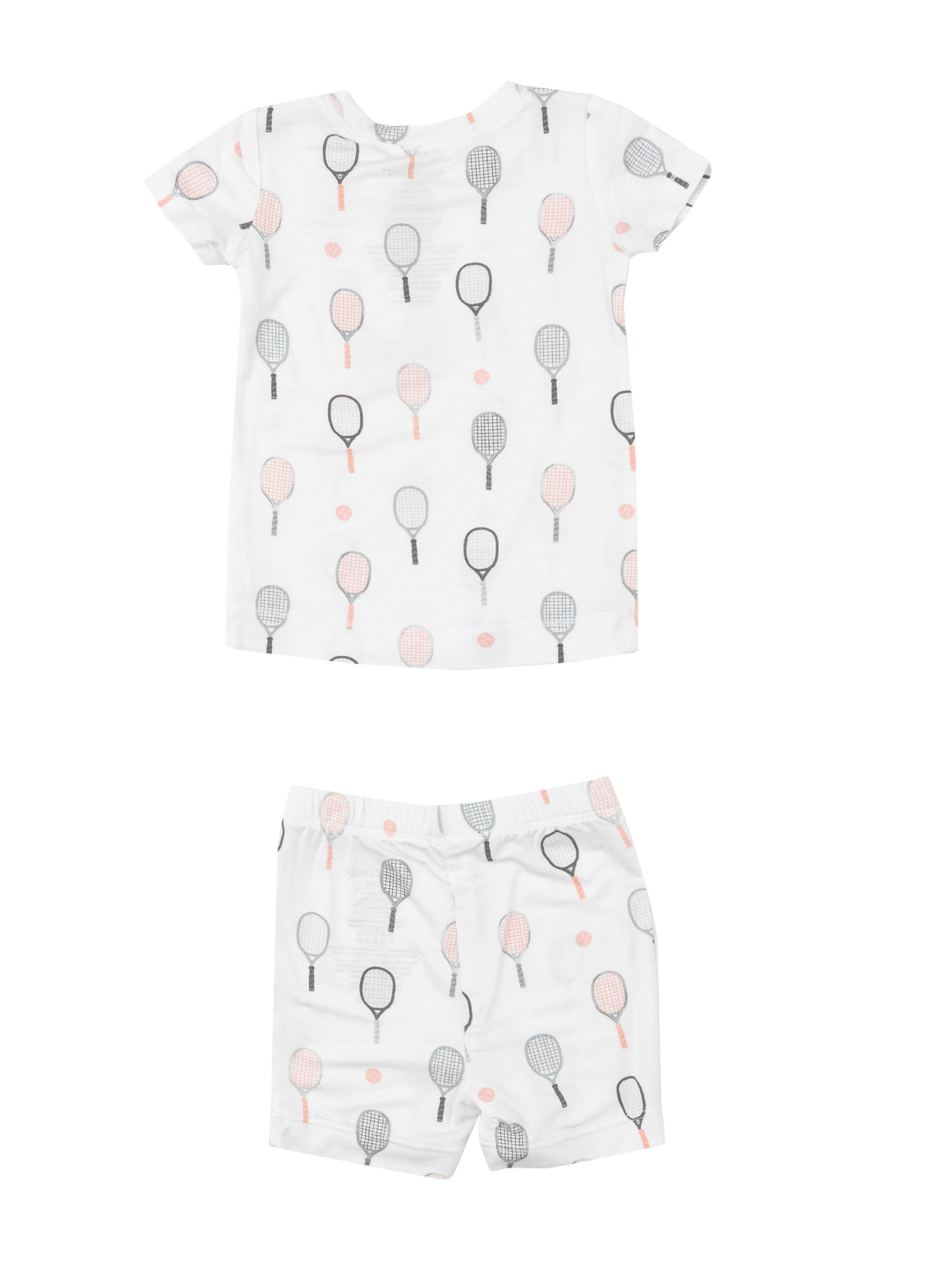 White kids' pajama set featuring tennis racket and ball prints. Includes a short-sleeve top and shorts.