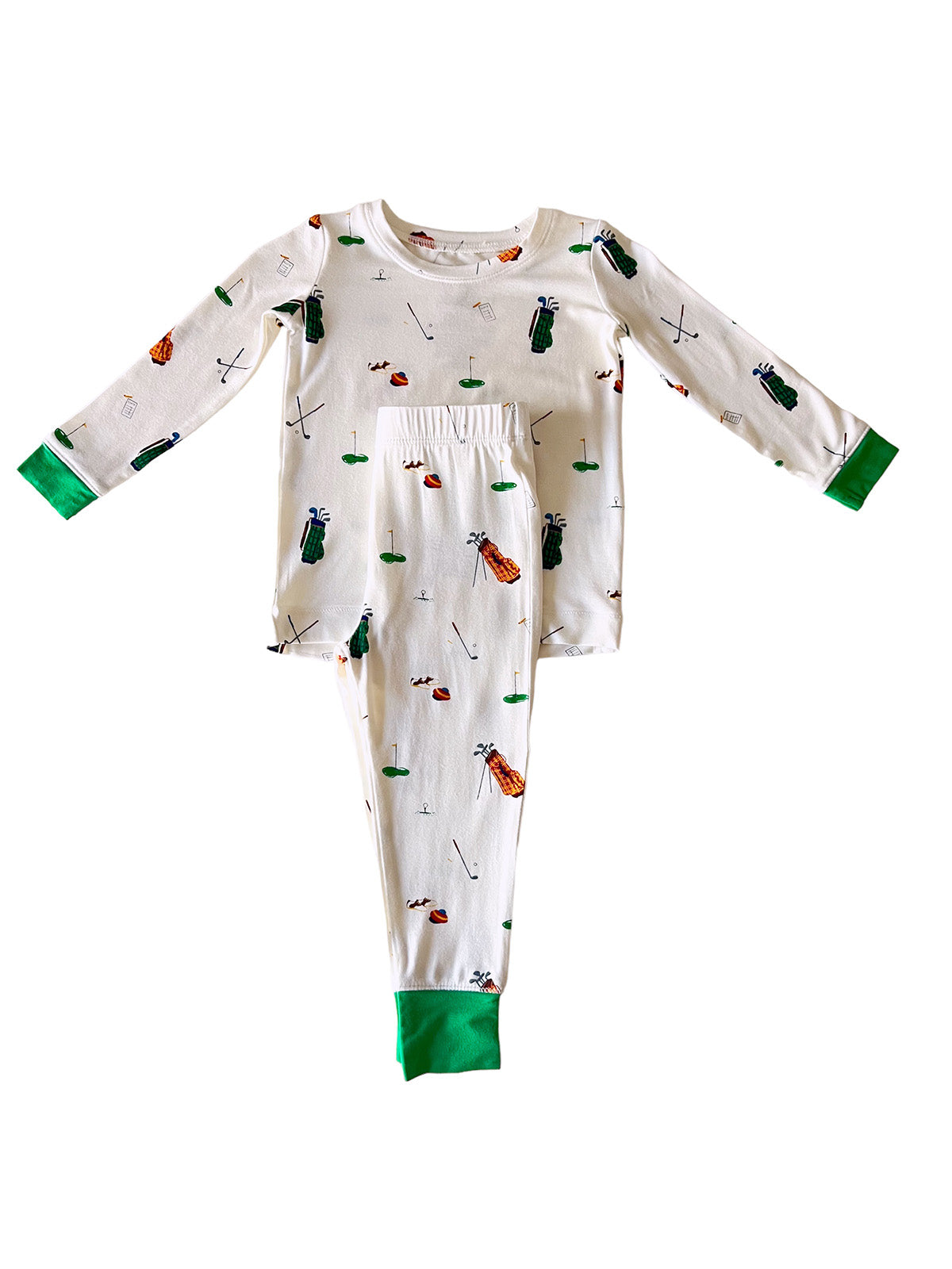 Children's pajamas featuring playful golf and insect prints in white with green accents. Perfect for comfy sleepwear.