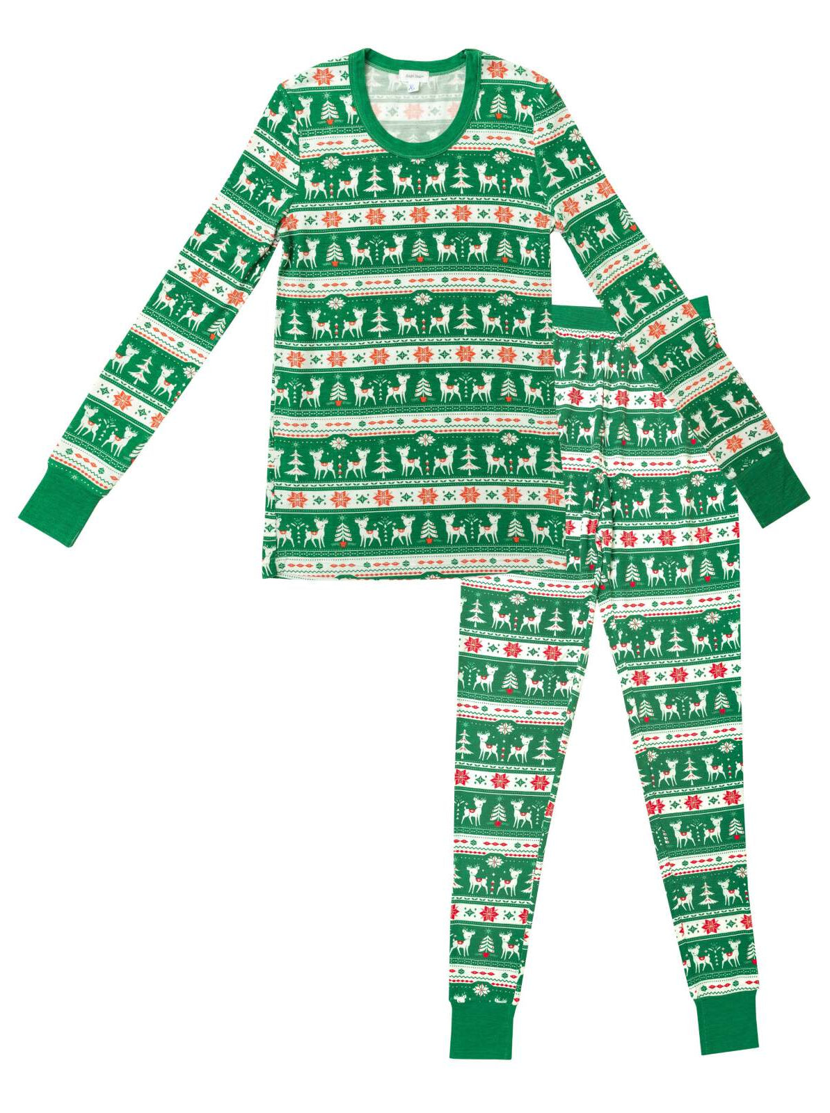 Green holiday pajamas with festive patterns of trees, reindeer, and snowflakes in red and white designs.
