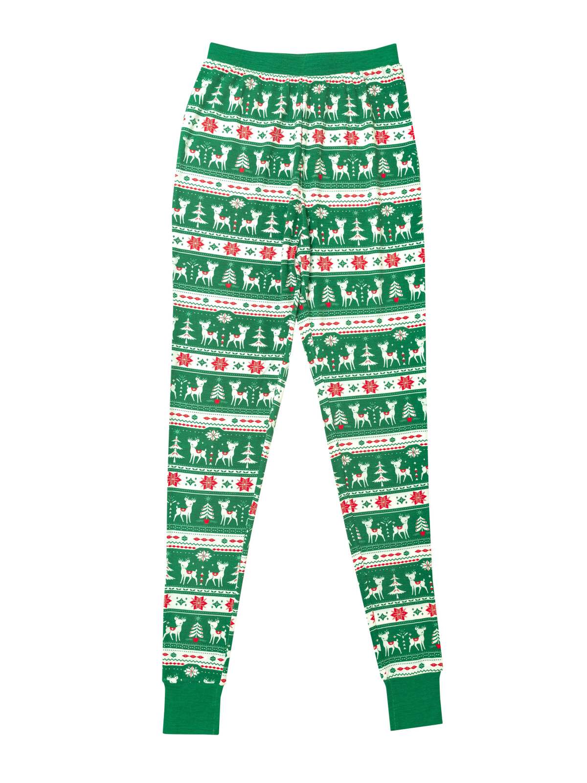Green holiday leggings featuring a festive pattern of trees, deer, and snowflakes. Ideal for cozy winter wear.