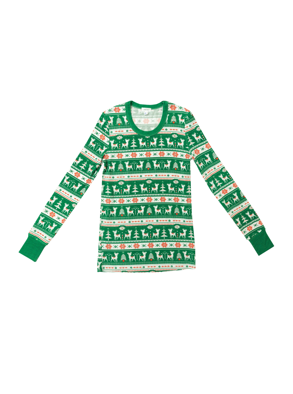 Green long-sleeve shirt with festive patterns of reindeer, trees, and snowflakes. Ideal for winter wear.