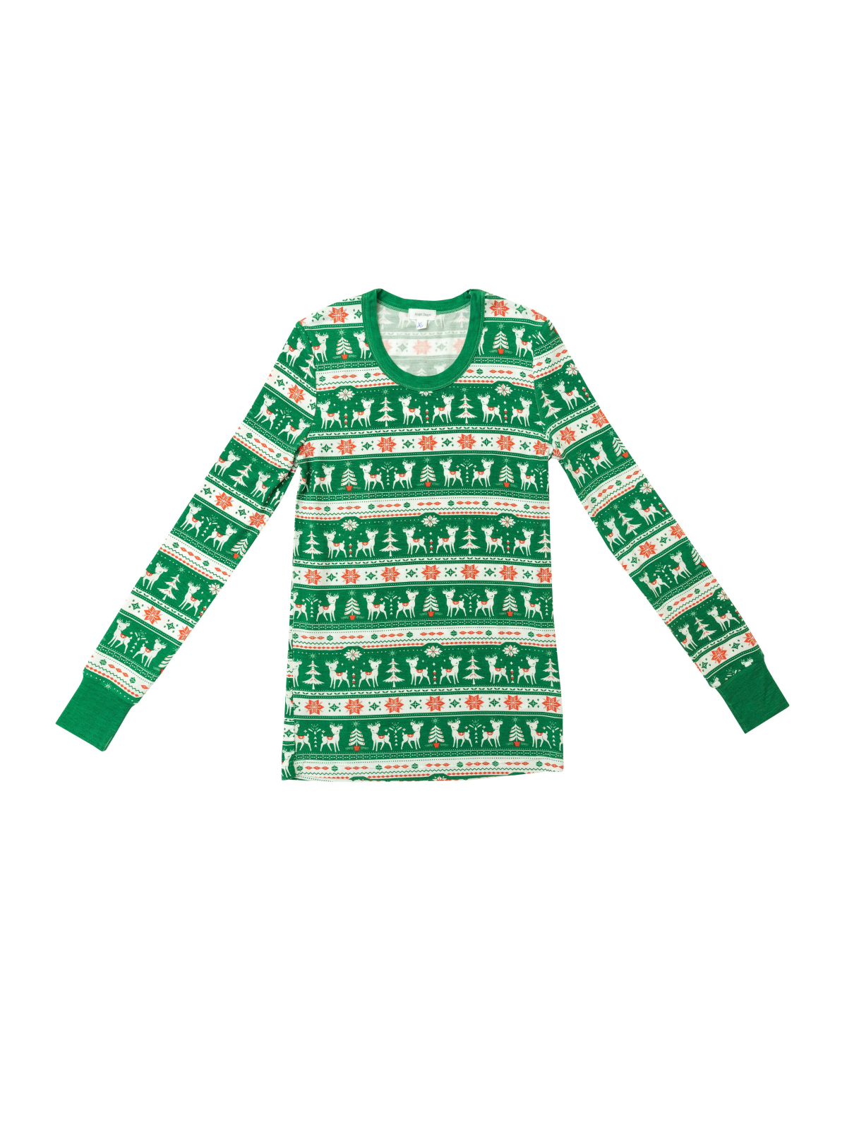 Green long-sleeve shirt with festive patterns of reindeer, trees, and snowflakes. Ideal for winter wear.