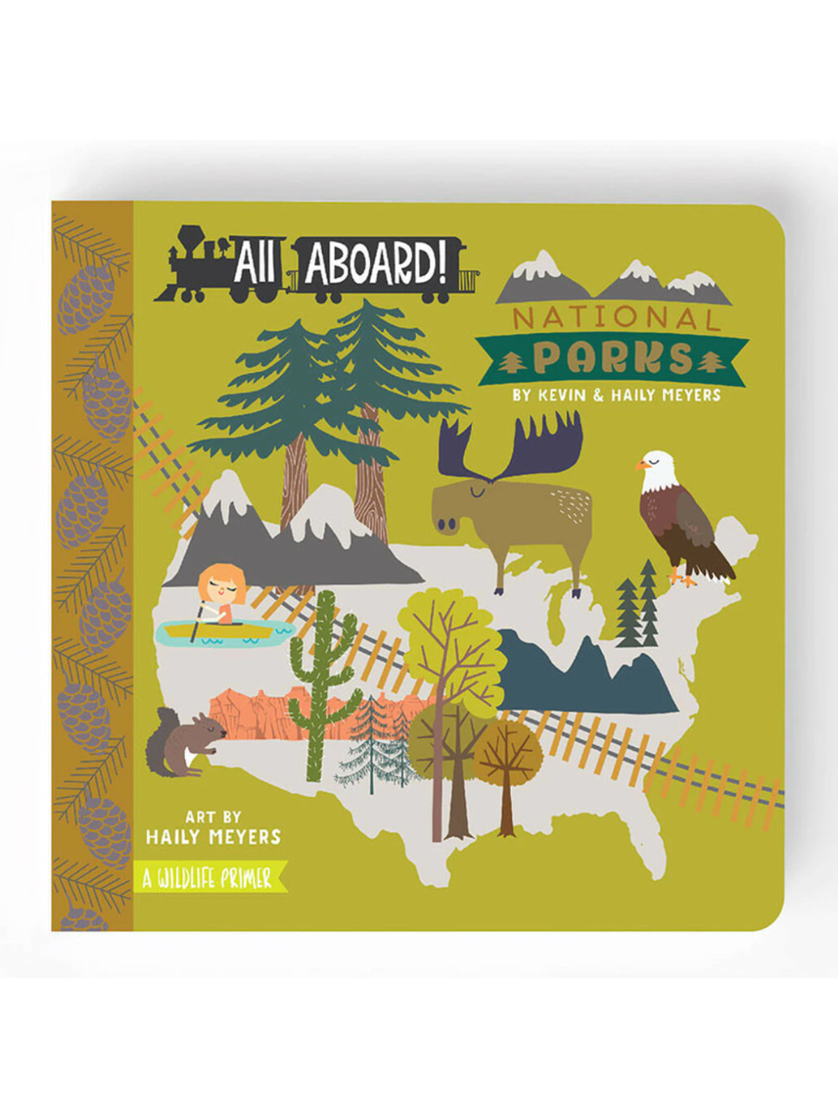 Illustration of a book cover titled "All Aboard! National Parks" featuring wildlife and a map of the USA.
