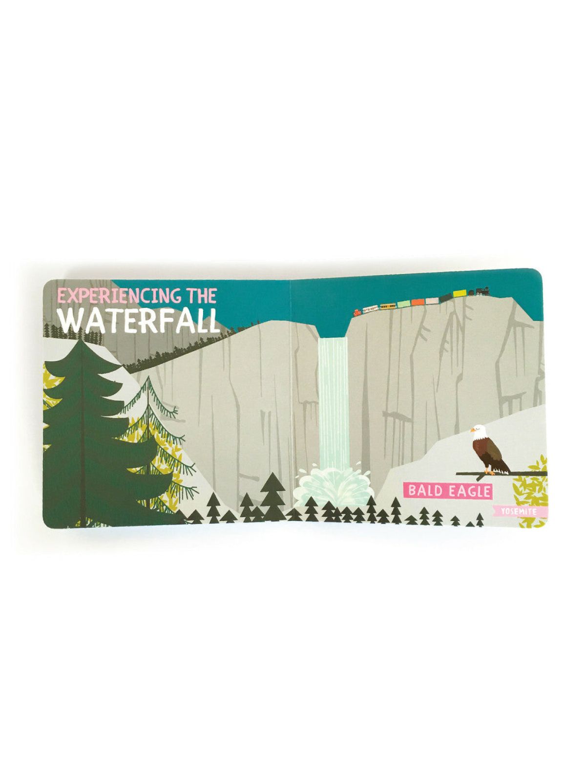 Illustration of a waterfall in Yosemite, with trees and a bald eagle in the foreground. Text reads "Experiencing the Waterfall."