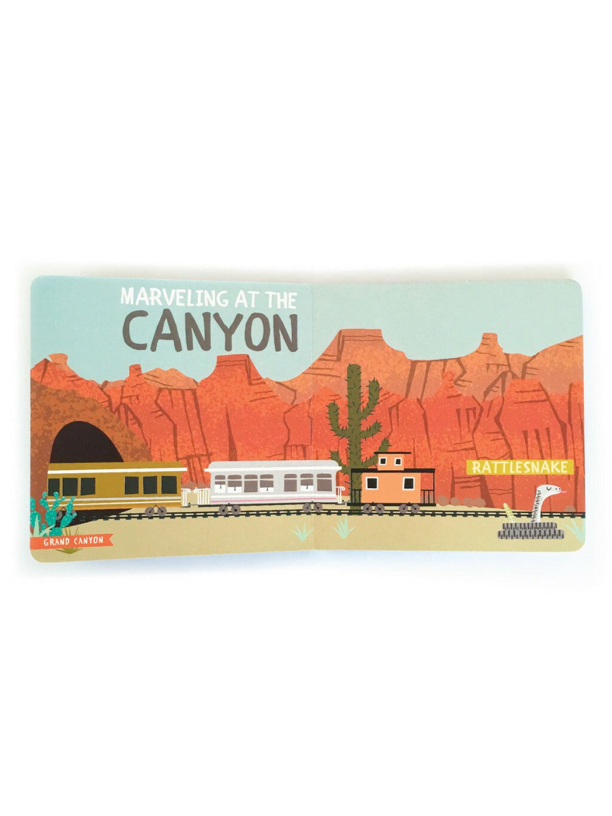 Illustrated scene of the Grand Canyon with trains, cacti, and a rattlesnake, titled "Marveling at the Canyon."