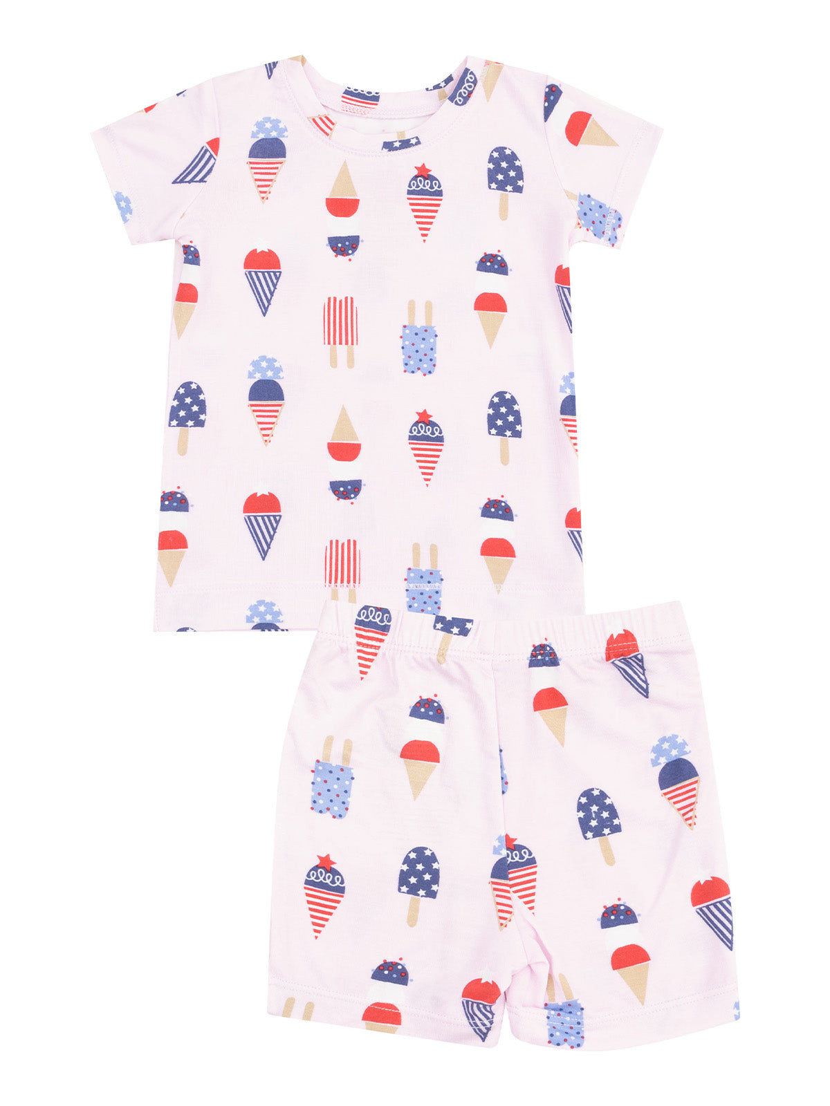 Children's ice cream-themed pajama set featuring a short-sleeve top and shorts in pastel colors.