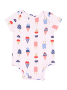 Pink baby onesie with colorful ice cream cone and popsicle prints. Short sleeves and snap buttons at the bottom.