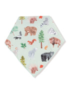 Hexagonal fabric featuring playful animal illustrations including bears, porcupines, and trees on a light green background.
