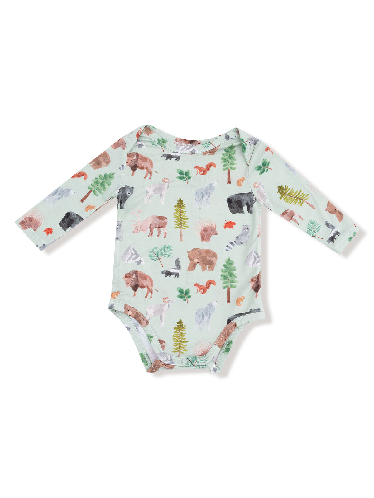 Light green long-sleeve onesie with various animal and tree prints, ideal for infants.