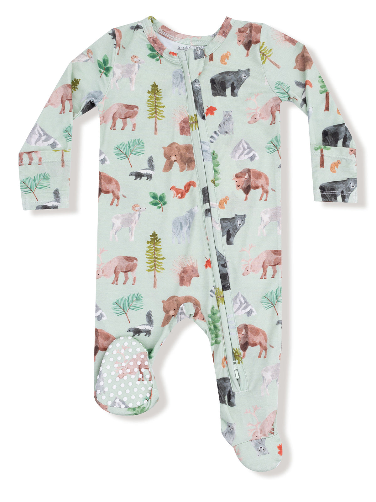 Green baby onesie with various animal patterns, featuring bears, deer, and trees, with zipper and footed design.