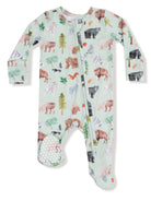 Green baby onesie with various animal patterns, featuring bears, deer, and trees, with zipper and footed design.