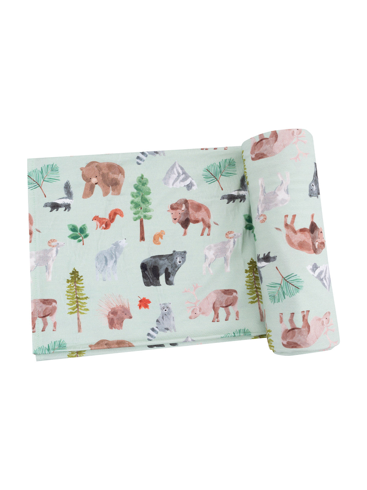 Light green fabric featuring playful watercolor illustrations of various animals and trees.