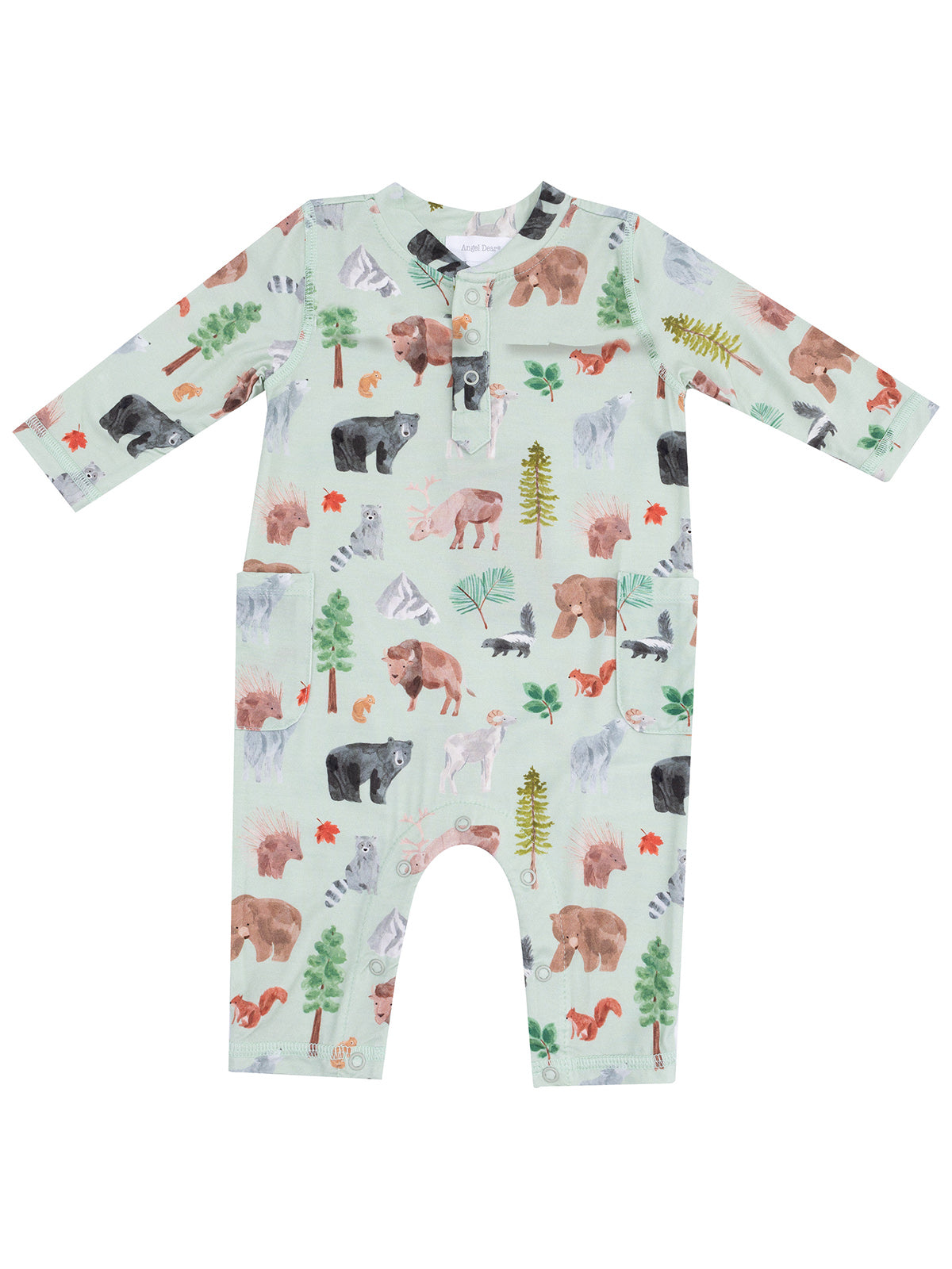 Baby romper with a whimsical animal print in pastel colors featuring bears, squirrels, and trees on a light green background.