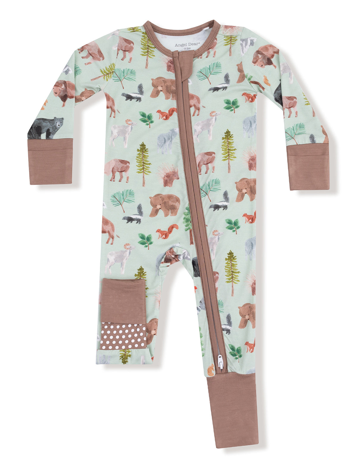 Child's zip-up onesie featuring a colorful forest animal print on a light green background.
