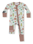 Child's zip-up onesie featuring a colorful forest animal print on a light green background.