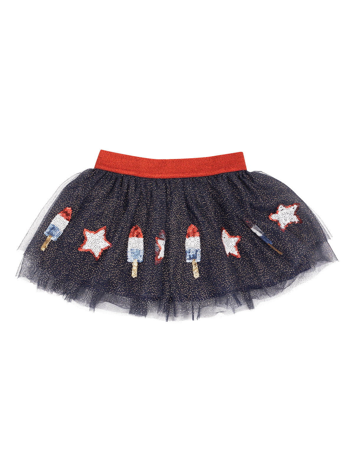 Navy tulle skirt with red waistband, featuring popsicle and star appliqués. Perfect for festive occasions.