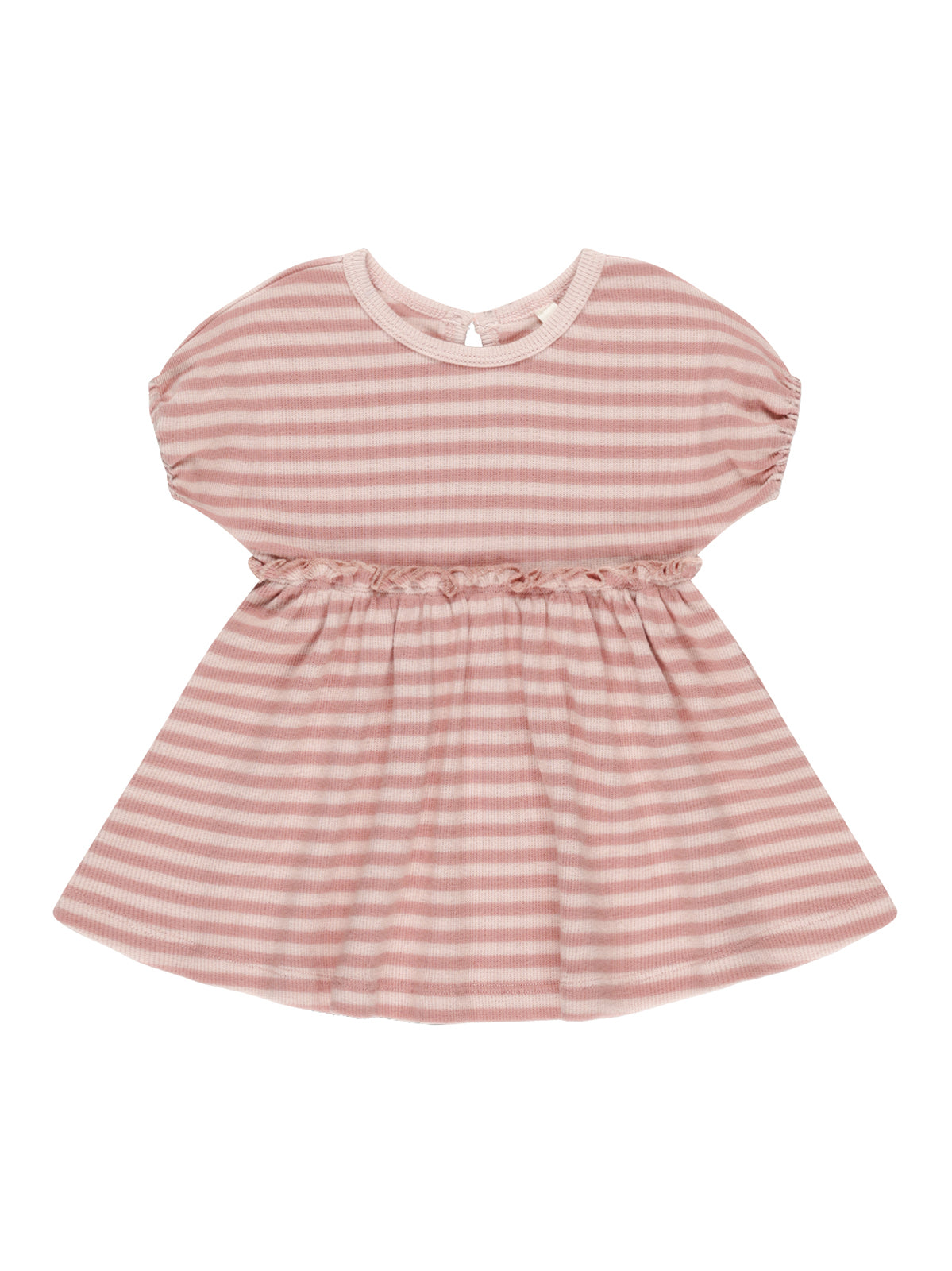 Pink striped dress with a ruffled waist and short sleeves, suitable for young girls.