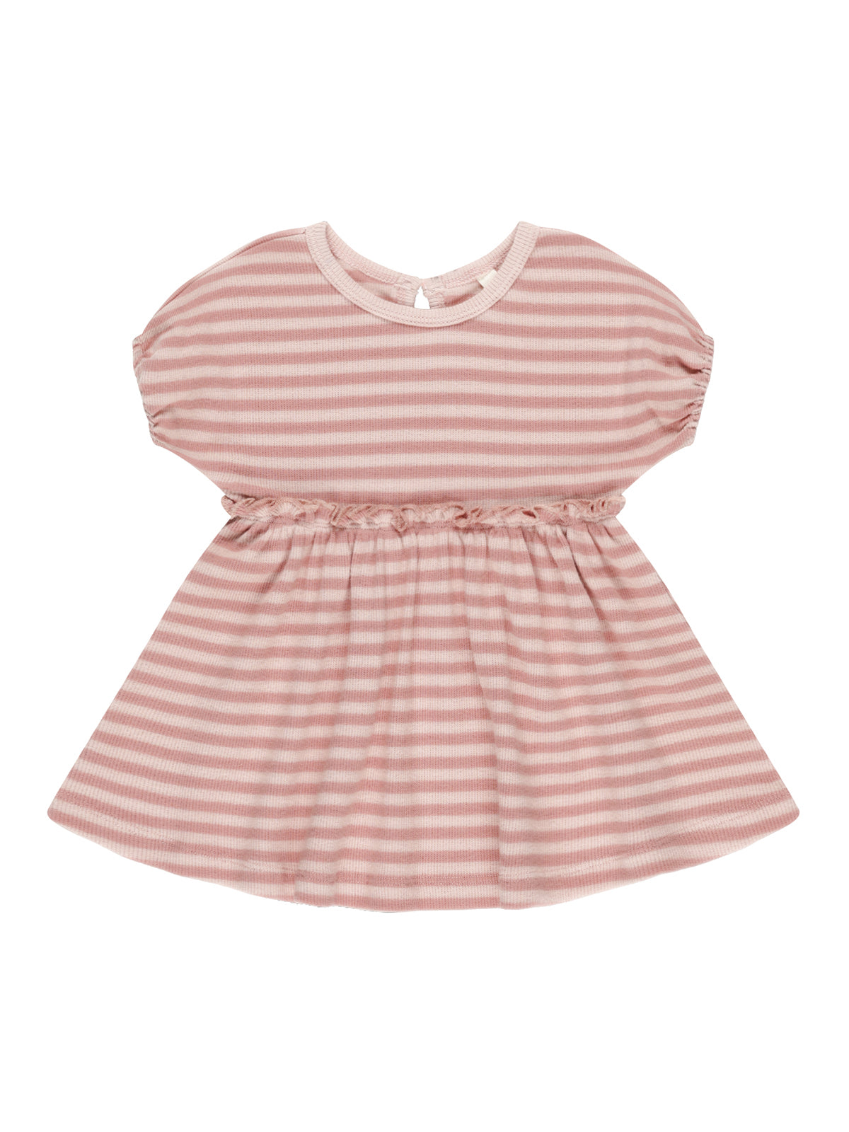 Pink striped dress with a ruffled waist and short sleeves, suitable for young girls.